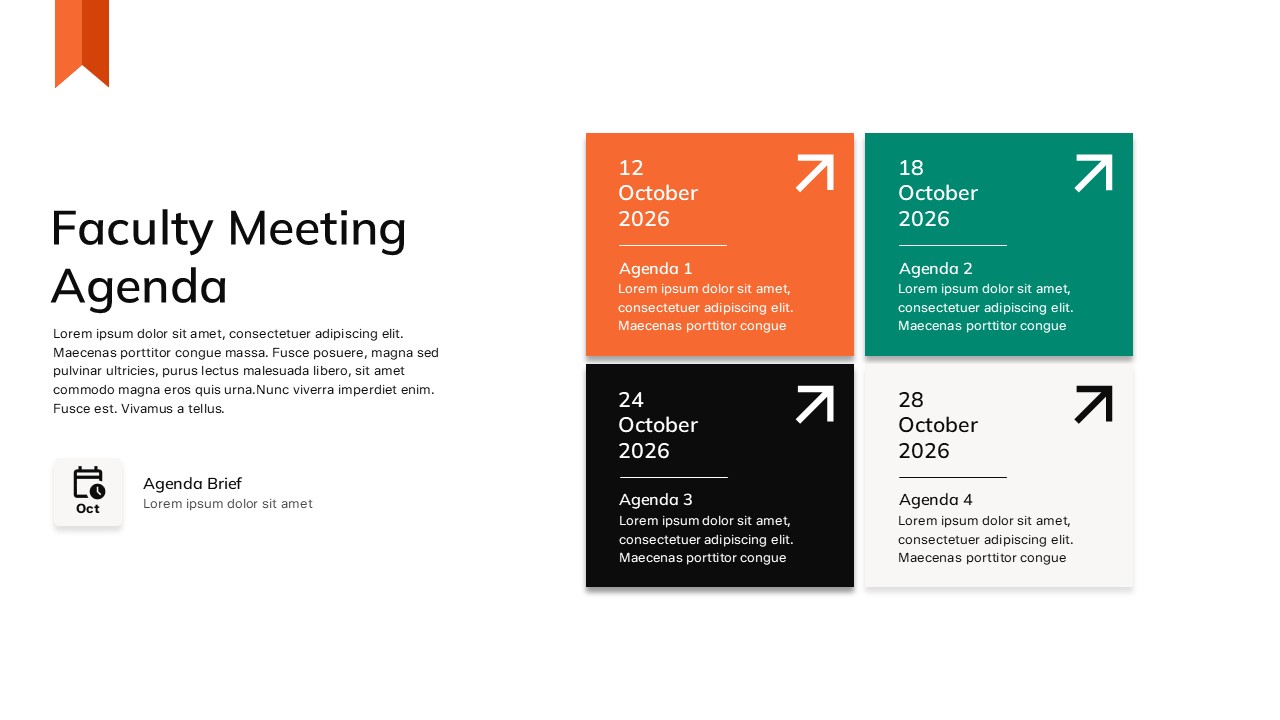 Faculty Meeting Agenda presentation slide featuring a modern schedule layout with dated agenda cards, meeting brief section, and organized academic planning timeline.