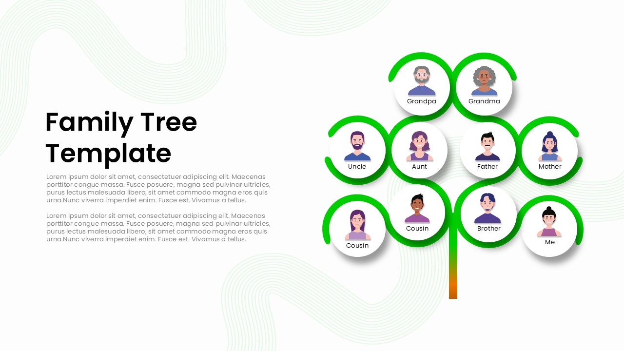Modern family tree presentation template featuring a green tree-shaped hierarchy with illustrated family members including grandparents, parents, siblings, cousins, uncle, aunt, and self on a clean gray background.