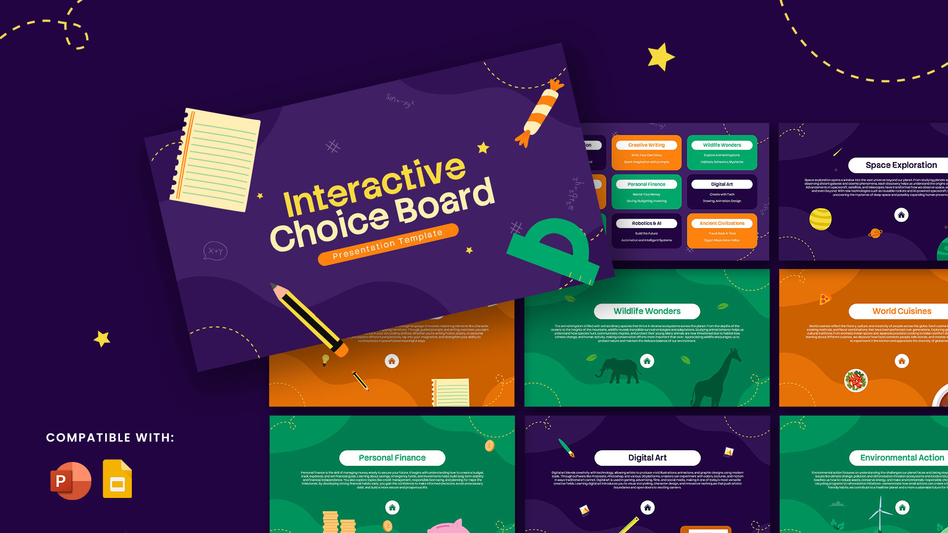 Interactive Choice Board presentation template with colorful educational slides, featuring classroom learning topics, creative activities, and modern layouts for PowerPoint and Google Slides.