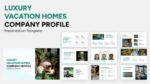 A modern company profile presentation template for luxury vacation homes, featuring a clean layout with green and black typography on a light background. The design includes multiple slides such as company overview, services, featured properties, team introduction, vision and mission, and contact information. High-quality images of luxury villas, pools, and interiors are integrated with structured text sections, creating a professional and visually appealing presentation for real estate or hospitality businesses.