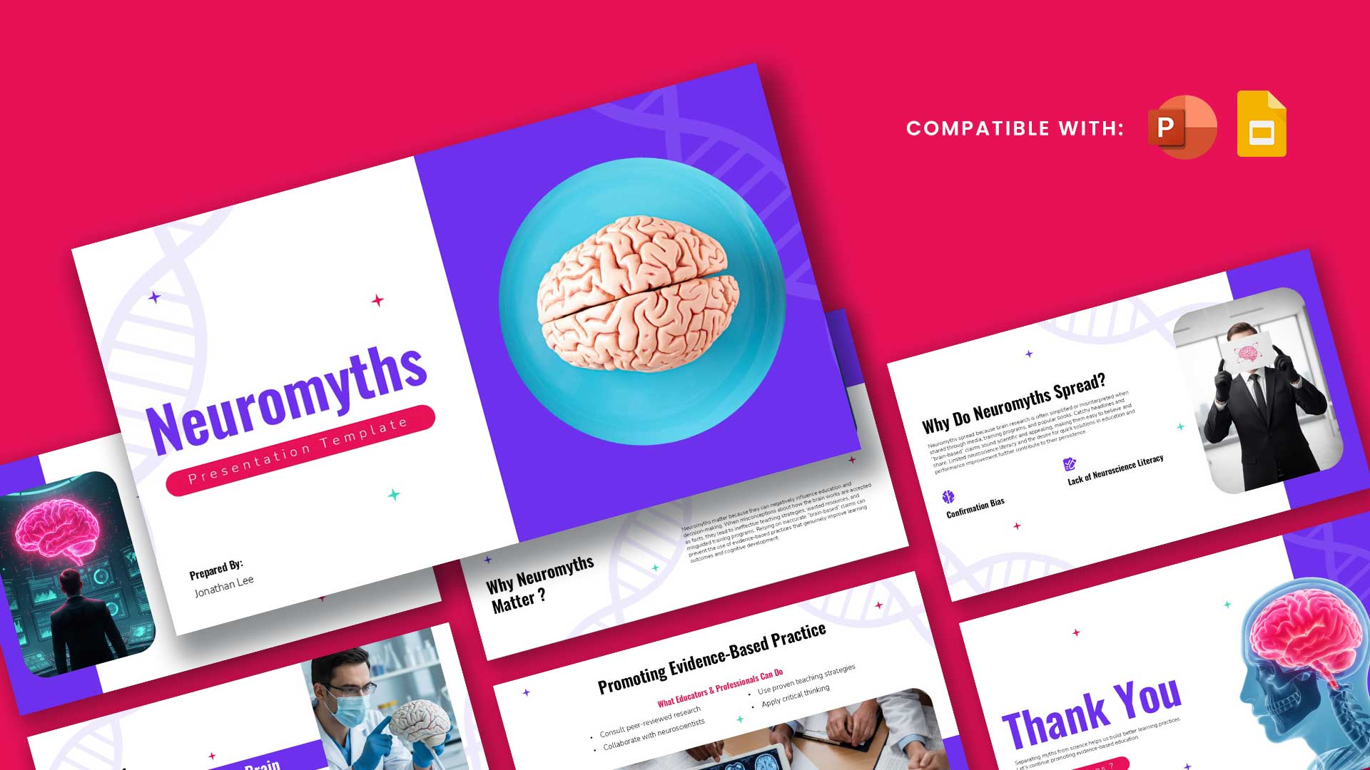Neuromyths presentation template preview featuring neuroscience-themed slides with brain illustrations, educational layouts, DNA-inspired graphics, and modern designs for PowerPoint and Google Slides.