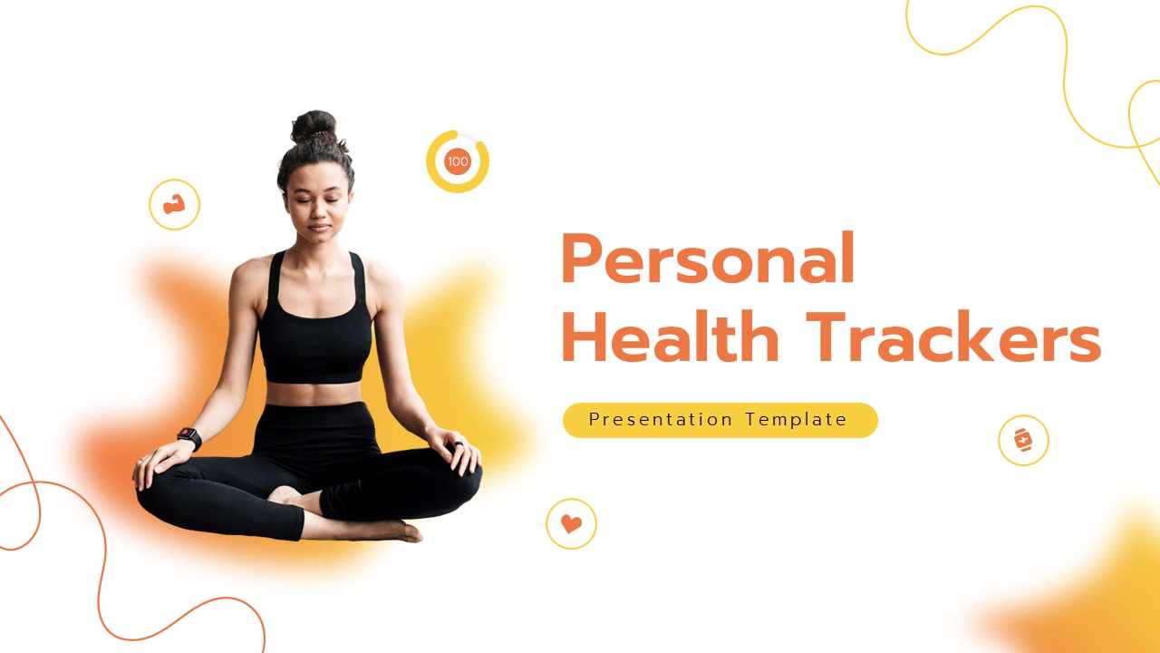 Personal Health Trackers presentation cover slide featuring a woman meditating with fitness and wellness icons in a modern healthcare presentation design.
