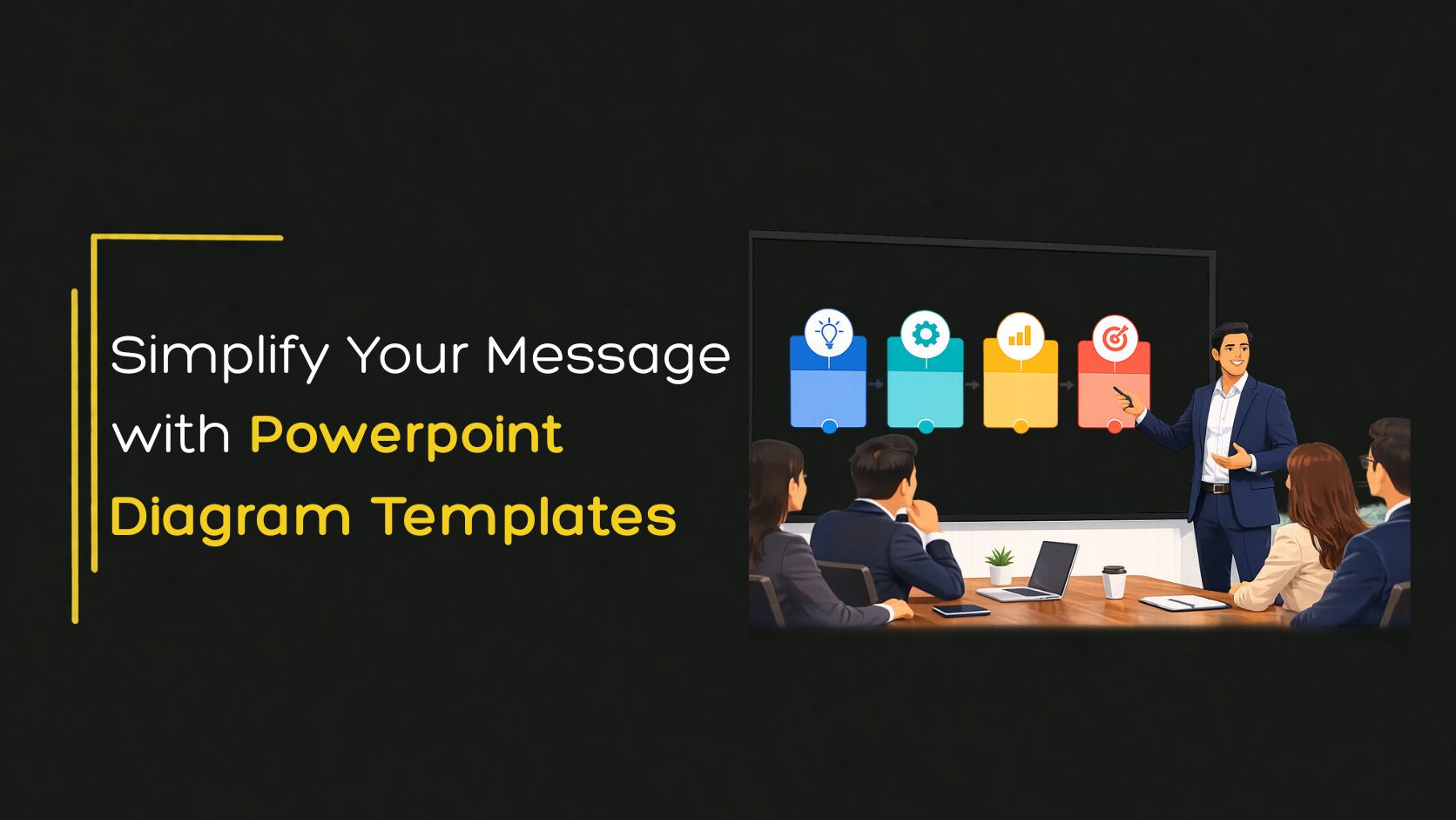 Presentation cover image with the title “Simplify Your Message with PowerPoint Diagram Templates” beside a vector illustration of a business presenter explaining a colorful process flow diagram to a team in a modern meeting room.