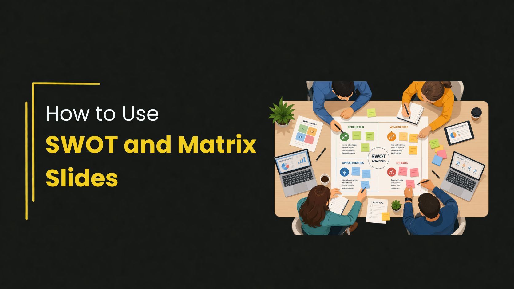 SWOT and matrix slides presentation cover featuring a business team collaborating on SWOT analysis charts, strategy planning, and data dashboards.
