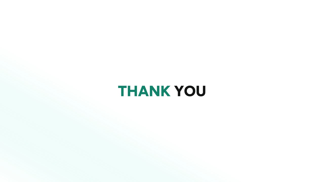 Minimal presentation slide with a clean light background featuring the text “Thank You” in bold green and black typography, used as a closing slide for a professional presentation.