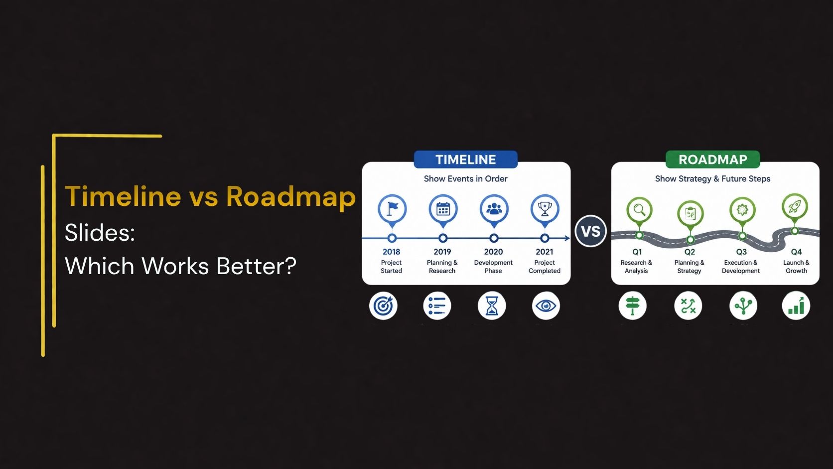 Featuring a dark background with side-by-side visual comparisons of a timeline slide and a roadmap slide connected by a central VS icon, highlighting chronological events and strategic planning concepts.