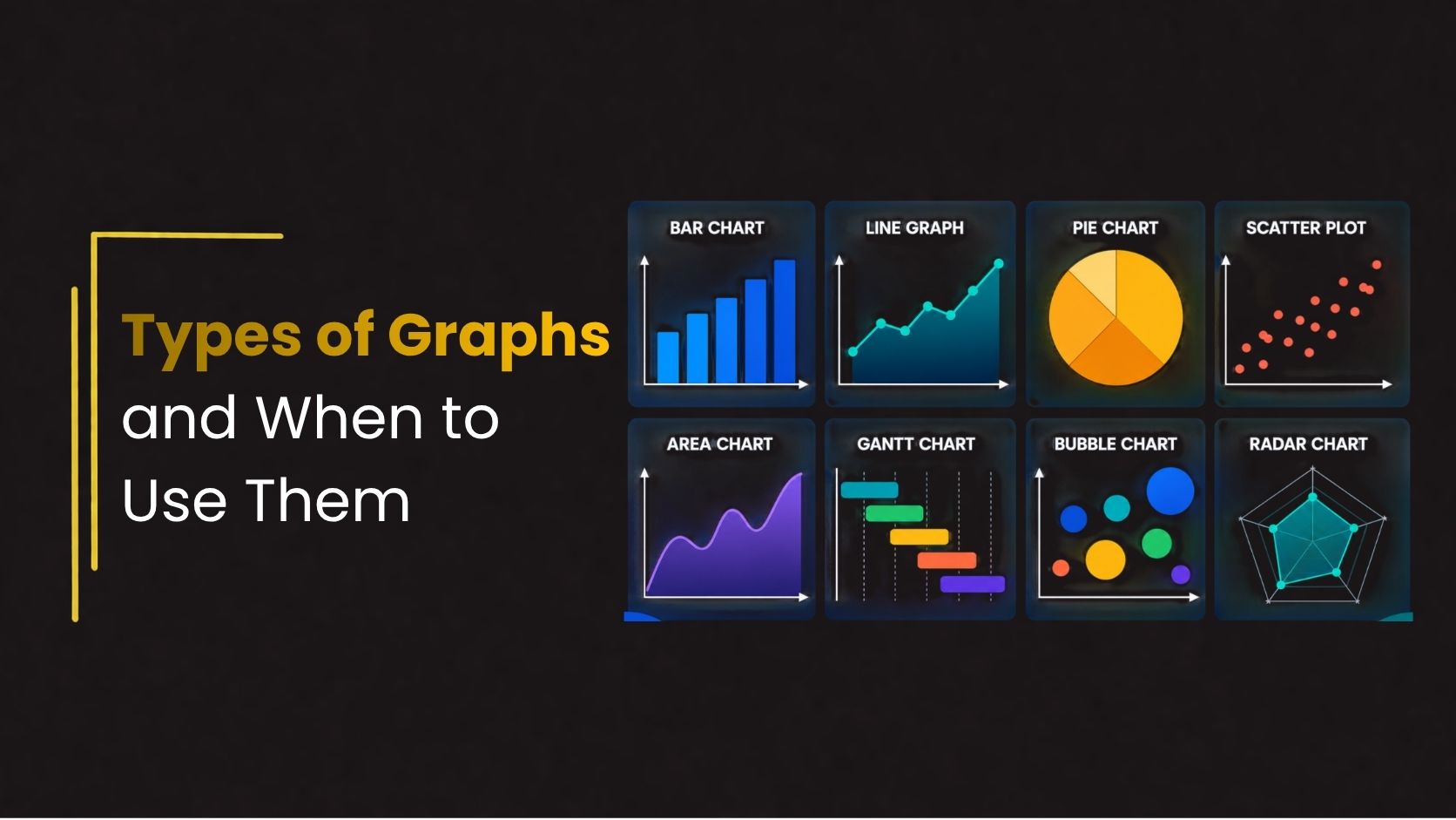 Dark-themed infographic titled “Types of Graphs and When to Use Them” featuring eight chart examples including bar chart, line graph, pie chart, scatter plot, area chart, Gantt chart, bubble chart, and radar chart in a modern grid layout.