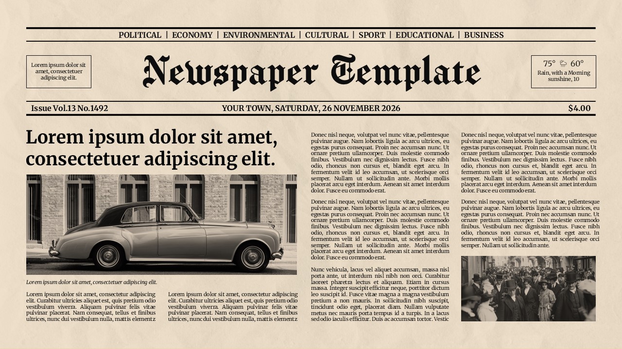 Vintage newspaper presentation template featuring a classic editorial layout with bold headlines, multiple text columns, vintage-style typography, and image sections for PowerPoint and Google Slides.