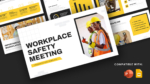 Workplace Safety Meeting presentation template with yellow and black safety-themed slides for PowerPoint and Google Slides featuring workplace training, safety statistics, and prevention topics.