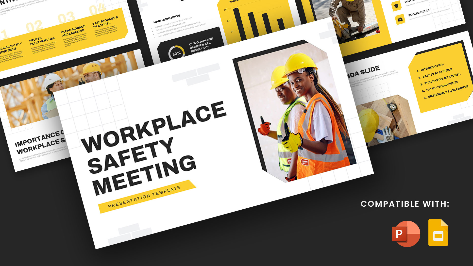 Workplace Safety Meeting presentation template with yellow and black safety-themed slides for PowerPoint and Google Slides featuring workplace training, safety statistics, and prevention topics.