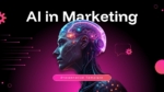AI in Marketing presentation cover slide featuring a futuristic humanoid AI visual with neon technology elements for PowerPoint and Google Slides.