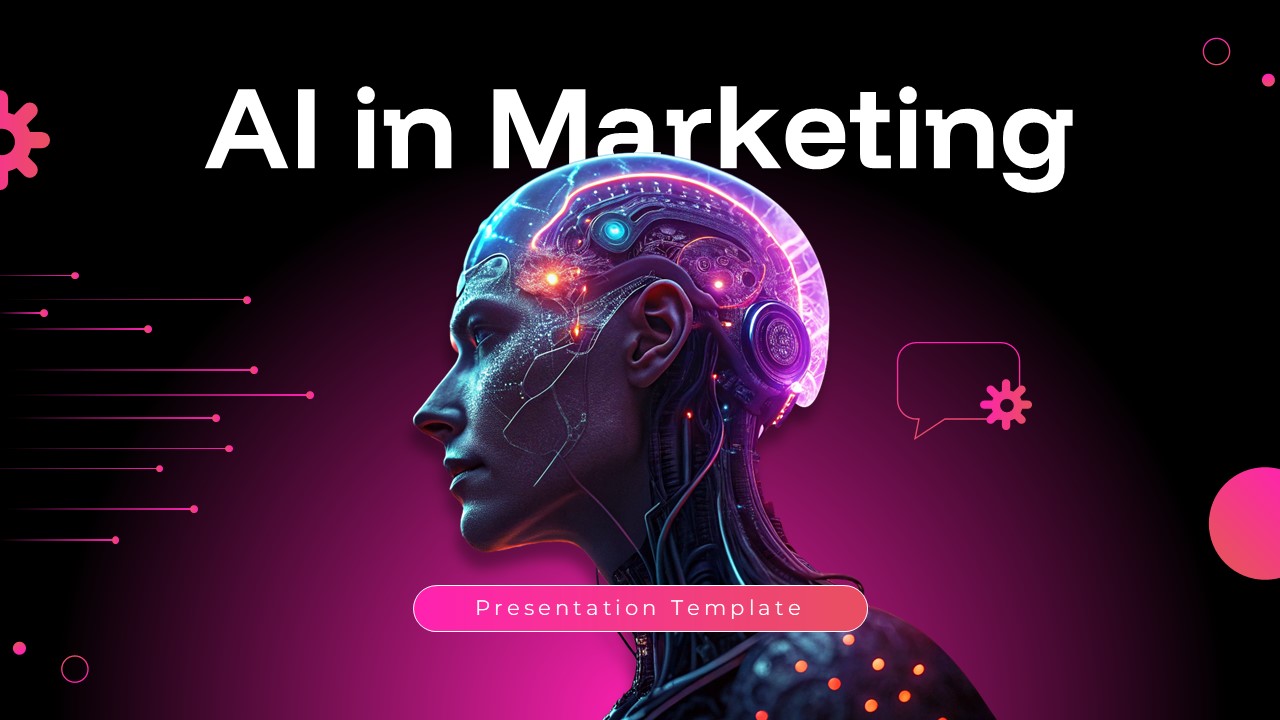 AI in Marketing presentation cover slide featuring a futuristic humanoid AI visual with neon technology elements for PowerPoint and Google Slides.