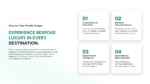Presentation slide promoting bespoke luxury vacation experiences, featuring text about curated stays, concierge services, global properties, and guest satisfaction alongside structured content cards.