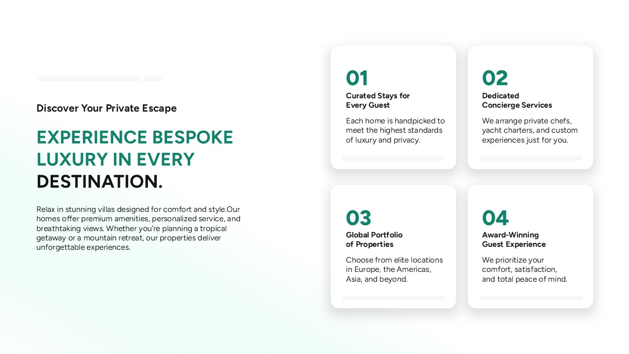 Presentation slide promoting bespoke luxury vacation experiences, featuring text about curated stays, concierge services, global properties, and guest satisfaction alongside structured content cards.