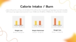 Calorie intake and burn comparison slide showing weight loss, weight maintenance, and weight gain charts for personal health tracker presentations.