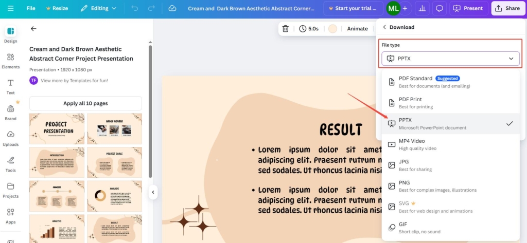 Canva presentation editor showing download settings with PPTX file type selected for exporting a cream and dark brown aesthetic project presentation template.