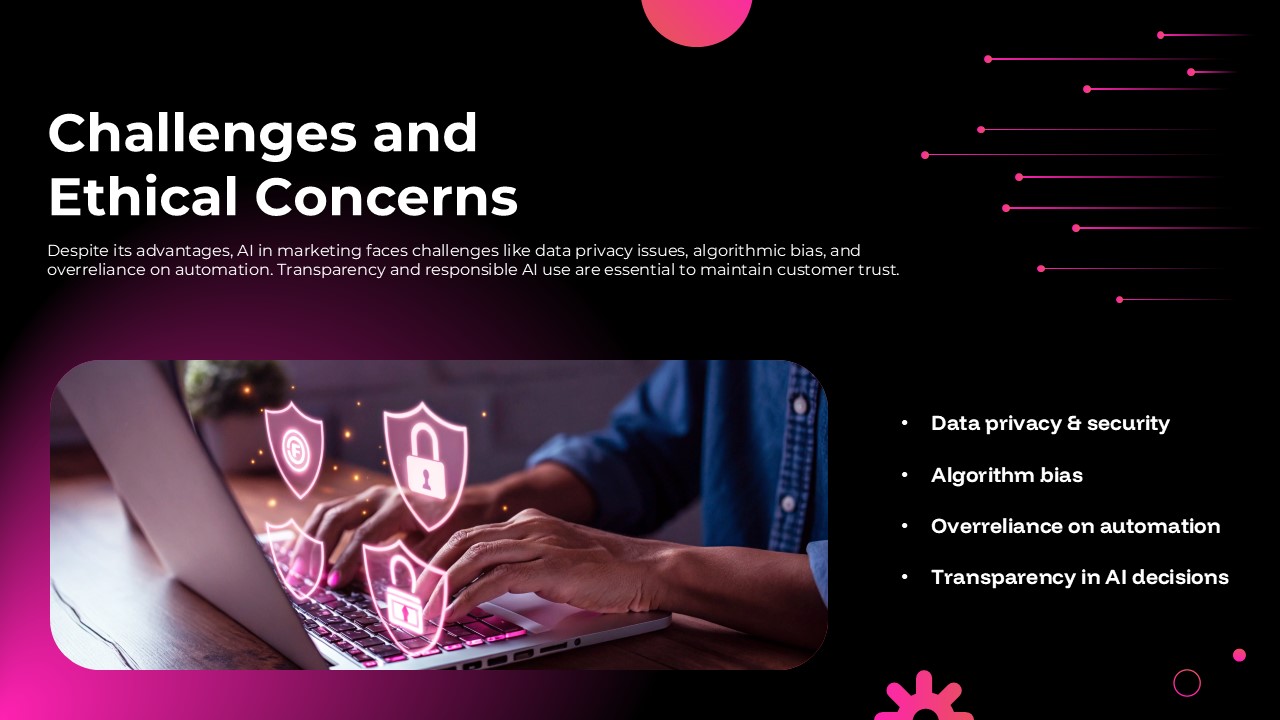 Challenges and ethical concerns in AI marketing slide featuring data privacy, security risks, algorithm bias, and responsible AI concepts for PowerPoint and Google Slides.