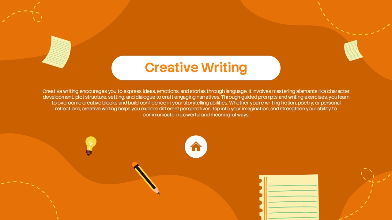 Creative writing presentation slide with orange background, notebook and pencil illustrations, and educational content about storytelling, imagination, and writing skills development.