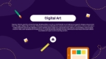 Digital art presentation slide with purple background, creative design illustrations, and educational content about graphic design, animation, digital creativity, and artistic technology tools.