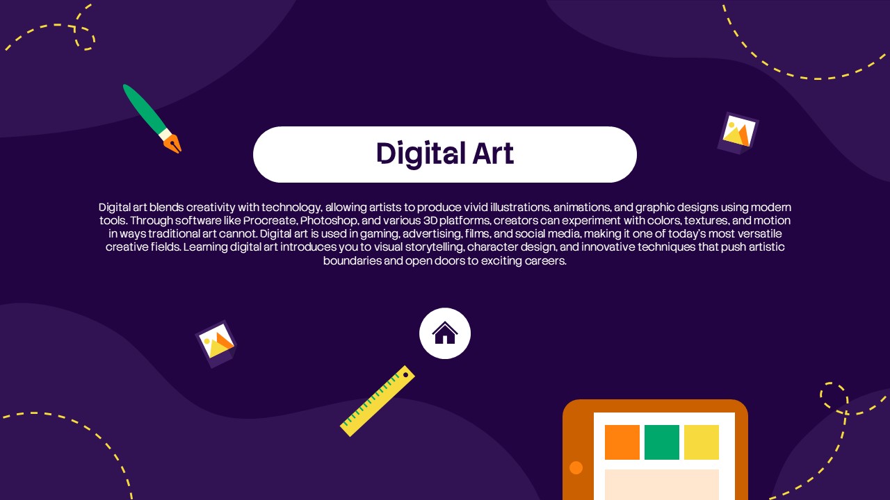 Digital art presentation slide with purple background, creative design illustrations, and educational content about graphic design, animation, digital creativity, and artistic technology tools.