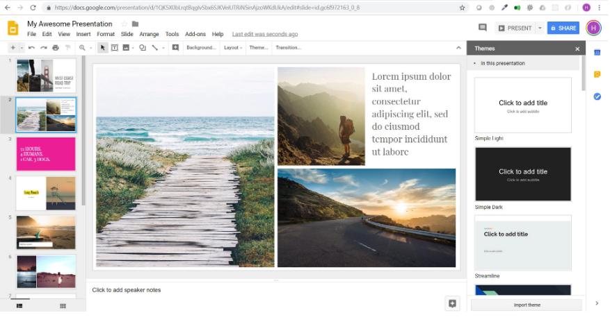 Google Slides presentation editor displaying a travel-themed slideshow with landscape photos, slide thumbnails, and presentation themes on the right sidebar.
