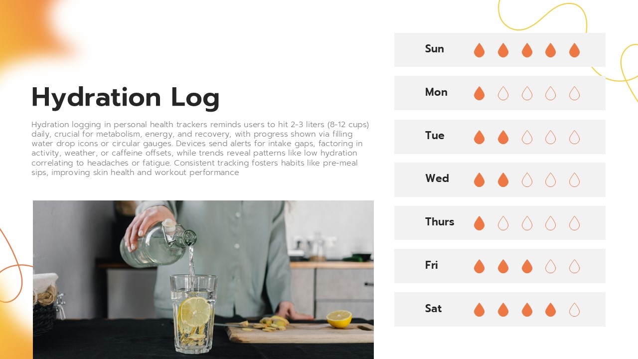 Hydration log presentation slide featuring daily water intake tracking, hydration progress indicators, and wellness monitoring for personal health tracker presentations.