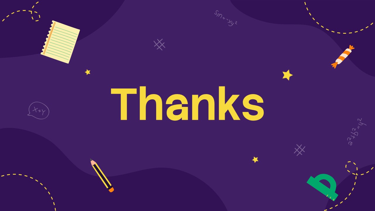 Thank you presentation slide with purple background, bold yellow typography, and playful educational illustrations for interactive classroom and learning presentations.