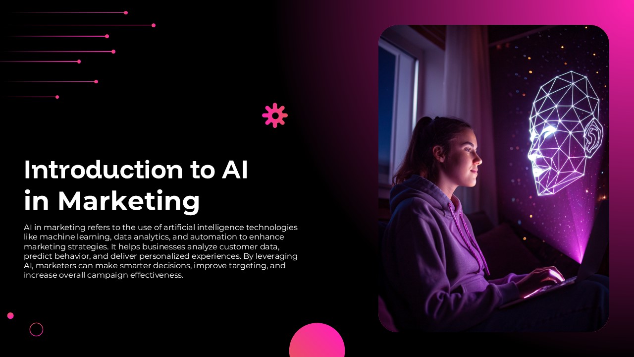 Introduction to AI in Marketing slide featuring a user interacting with a digital AI face illustration and artificial intelligence concepts for PowerPoint and Google Slides.