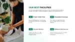 Presentation slide showcasing luxury vacation home facilities, featuring a spa treatment image alongside sections highlighting private infinity pools, concierge services, gourmet kitchens, and wellness experiences.