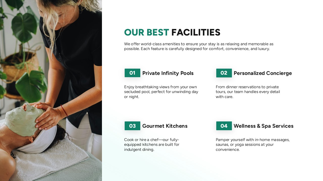 Presentation slide showcasing luxury vacation home facilities, featuring a spa treatment image alongside sections highlighting private infinity pools, concierge services, gourmet kitchens, and wellness experiences.
