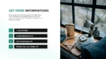 Presentation slide displaying contact information for a luxury vacation homes company, including phone, email, website, and address alongside an image of a vintage telephone on a desk.