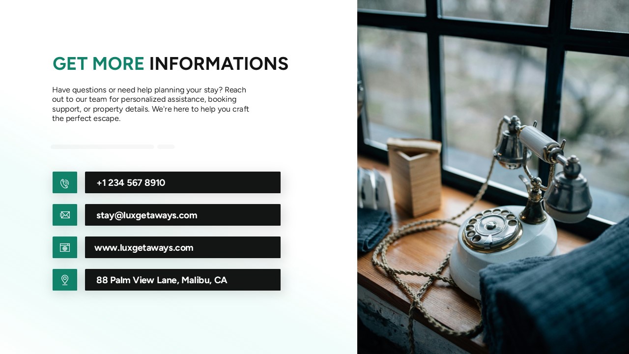 Presentation slide displaying contact information for a luxury vacation homes company, including phone, email, website, and address alongside an image of a vintage telephone on a desk.