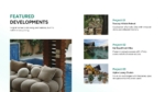 Presentation slide showcasing featured luxury vacation home developments, including images and descriptions of Tuscany hillside retreats, Bali beachfront villas, and alpine chalets.