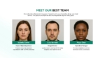 Presentation slide introducing a luxury vacation homes team, featuring three professional headshots with names and roles highlighting guest experience, design, and operations.