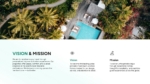 Presentation slide showing an aerial view of a luxury villa with a pool and palm trees, alongside text outlining the company’s vision and mission for premium vacation home experiences.