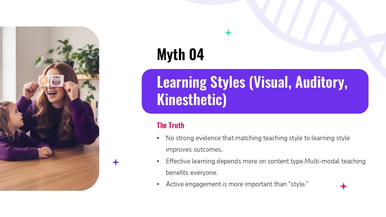 Myth 04 presentation slide debunking the learning styles theory, featuring educational imagery and evidence-based insights on visual, auditory, and kinesthetic learning preferences.