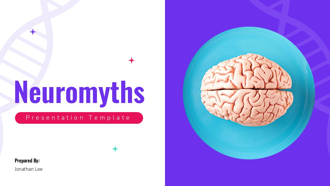 Neuromyths presentation template cover slide featuring a 3D brain illustration, DNA-inspired background, and modern educational design for neuroscience presentations.