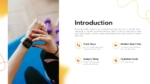 Introduction slide for a personal health tracker presentation featuring a smartwatch fitness app interface, wellness monitoring metrics, hydration goals, heart rate tracking, sleep analysis, and daily step tracking.