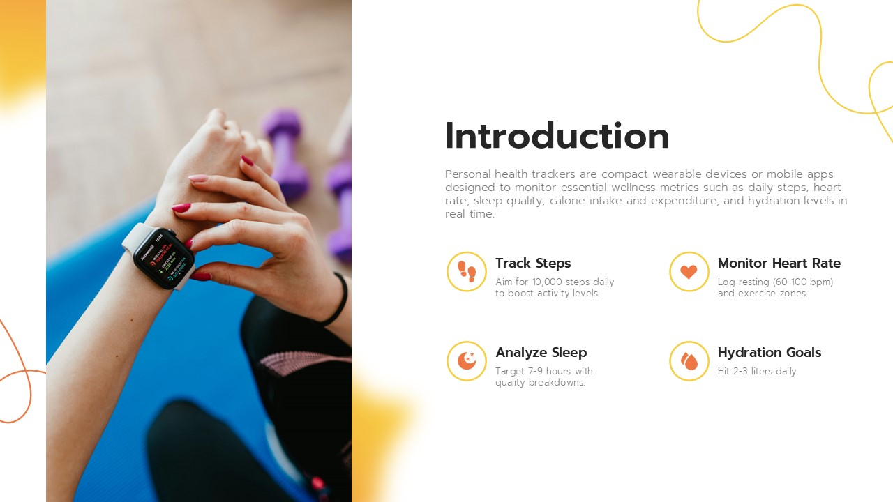 Introduction slide for a personal health tracker presentation featuring a smartwatch fitness app interface, wellness monitoring metrics, hydration goals, heart rate tracking, sleep analysis, and daily step tracking.
