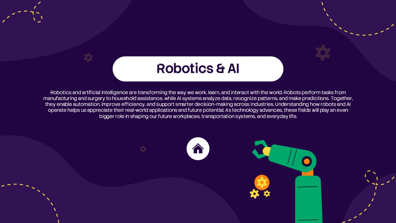 Robotics and AI presentation slide with purple background, robotic arm illustration, and educational content about artificial intelligence, automation, machine learning, and future technology.