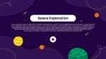 Interactive space exploration presentation slide with planets, cosmic illustrations, and educational content about astronomy and space science on a dark purple background.