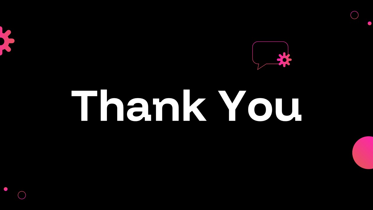 Thank You closing slide with a modern AI marketing presentation design featuring minimalist black background and neon pink elements for PowerPoint and Google Slides.