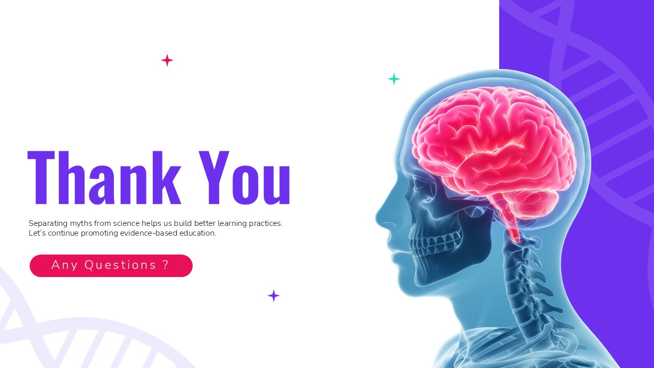 Thank You presentation slide featuring a transparent human head with a highlighted brain illustration, designed for neuroscience, education, and neuromyths presentations.