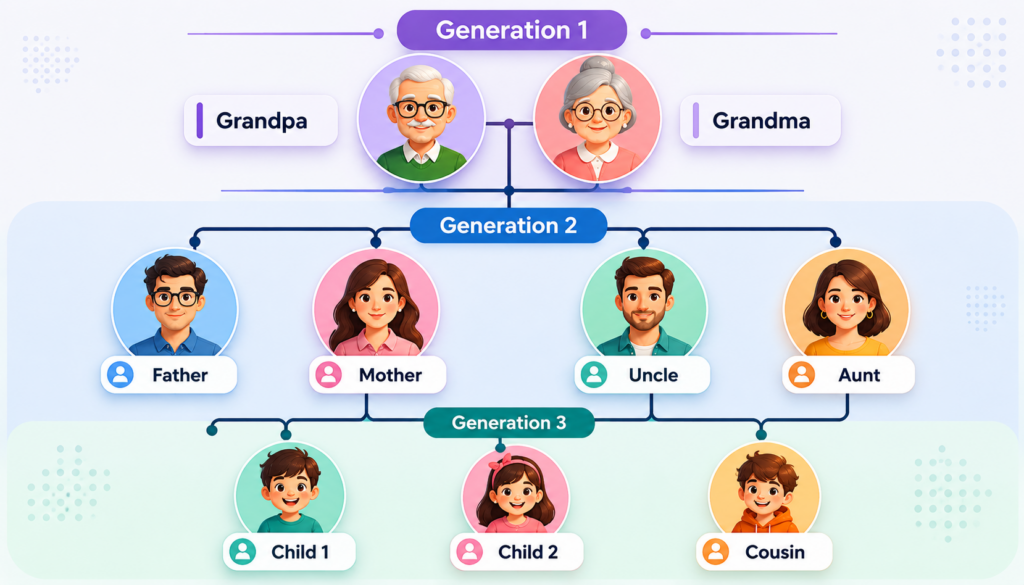 Three-generation family tree infographic showing grandparents at the top, parents and uncle/aunt in the middle, and children plus a cousin at the bottom. The design uses colorful avatar illustrations, connected family lines, and labeled generation sections on a clean pastel background.
