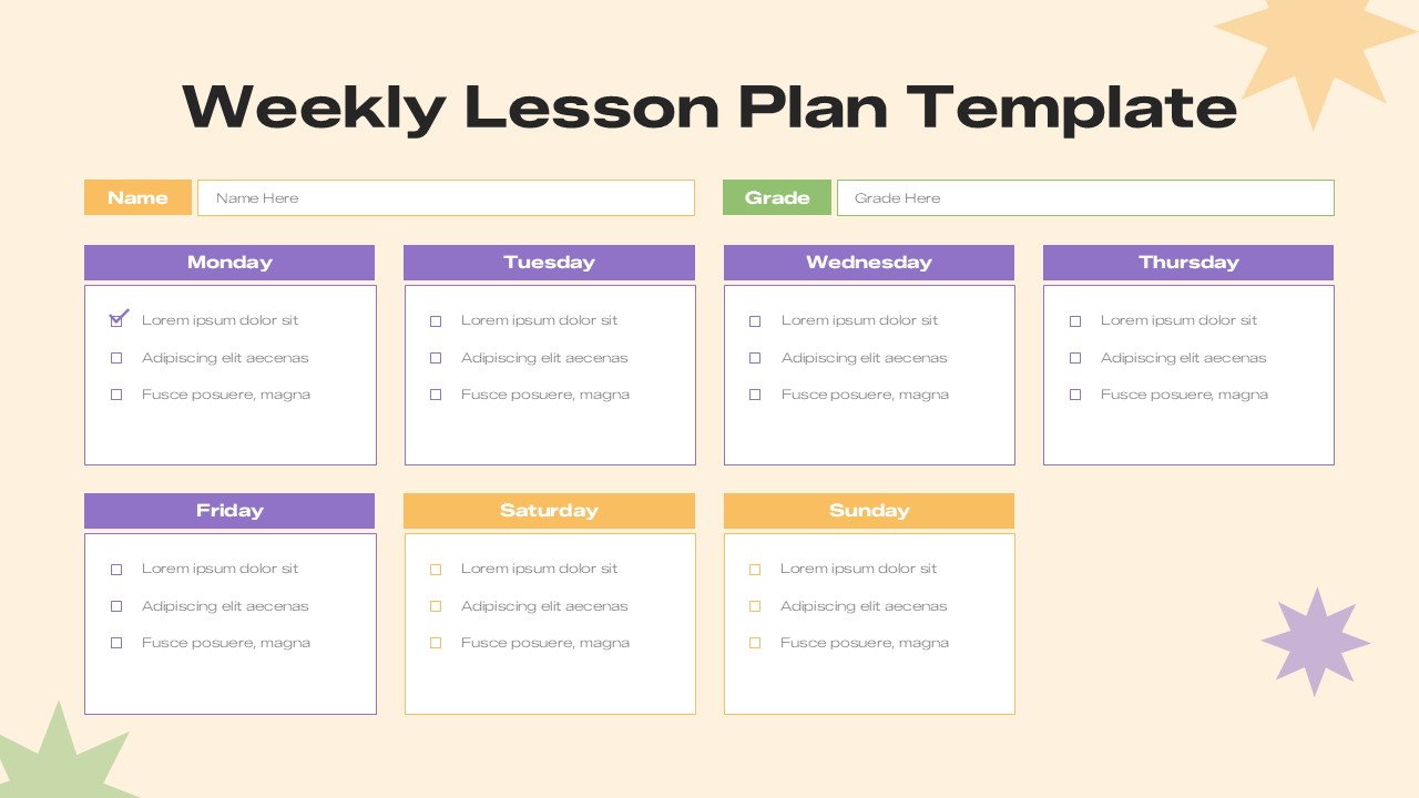 A clean weekly lesson plan template with sections for name and grade at the top, followed by color-coded boxes for each day of the week (Monday through Sunday). Each day includes checklist-style bullet points for organizing tasks or lessons. The layout features a soft neutral background with minimal decorative shapes, making it suitable for structured classroom planning and scheduling.