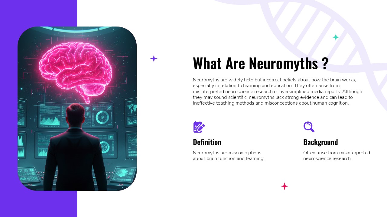 What Are Neuromyths presentation slide featuring a digital brain illustration, neuroscience research visuals, and educational content explaining brain learning misconceptions.