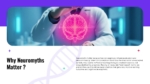 Why Neuromyths Matter presentation slide featuring a glowing brain illustration, neuroscience-themed visuals, and educational content on the impact of brain learning misconceptions.