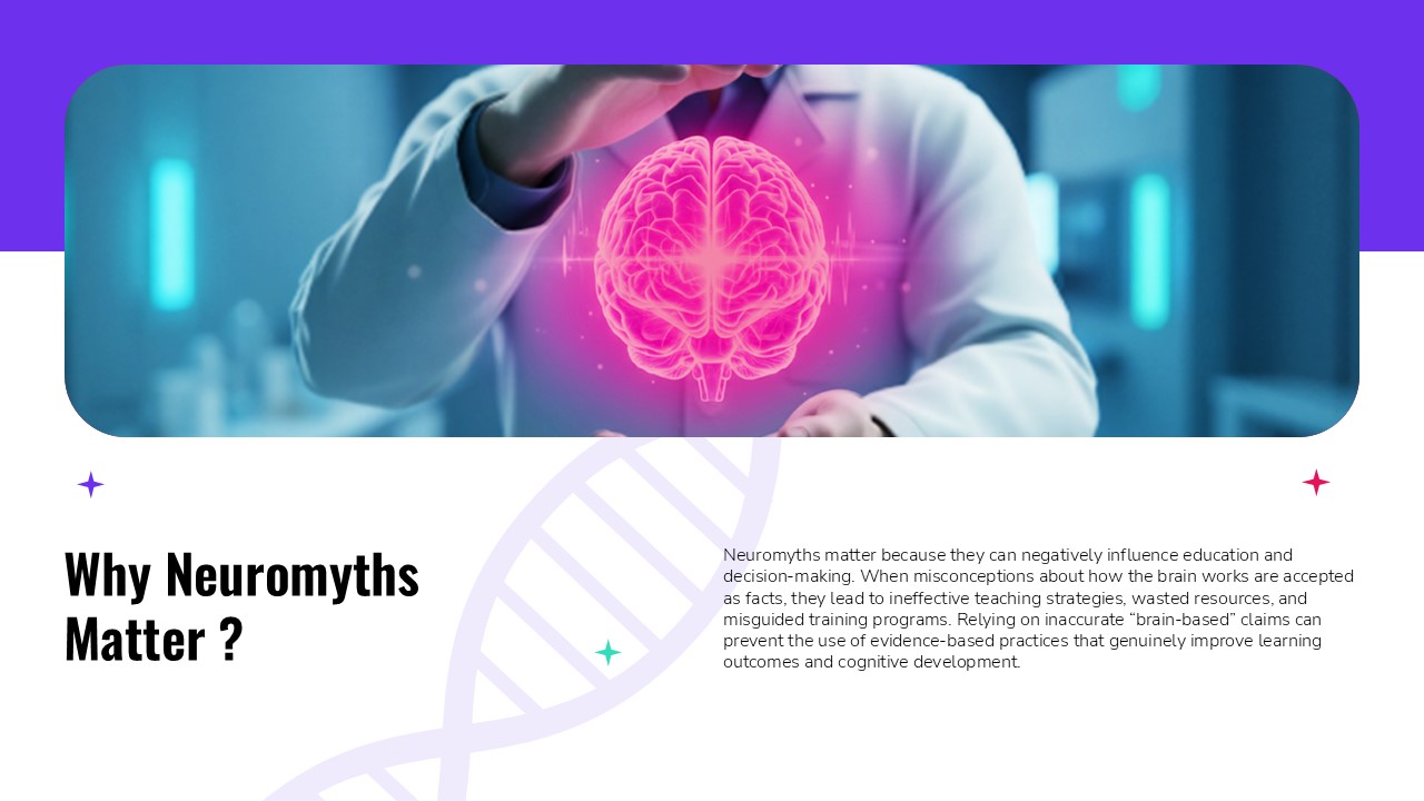 Why Neuromyths Matter presentation slide featuring a glowing brain illustration, neuroscience-themed visuals, and educational content on the impact of brain learning misconceptions.