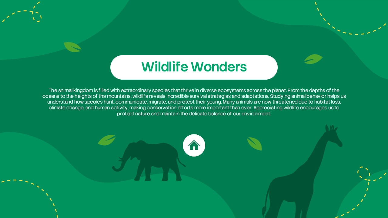 Wildlife wonders presentation slide with green background, animal silhouettes, leaf illustrations, and educational content about ecosystems, conservation, and wildlife habitats.