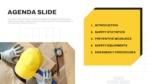 Agenda slide of Workplace Safety Meeting presentation template featuring introduction, safety statistics, preventive measures, safety equipment, and emergency procedures.
